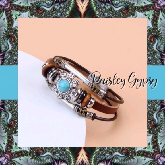 Turquoise Colored Stone with Chocolate Colored PU Leather and Silver ton… - Picture 1 of 5